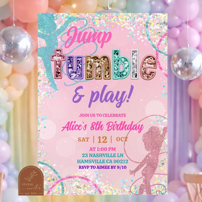 Invitation Pink Sequin glitters gymnastic birthday  (Créateur téléchargé)