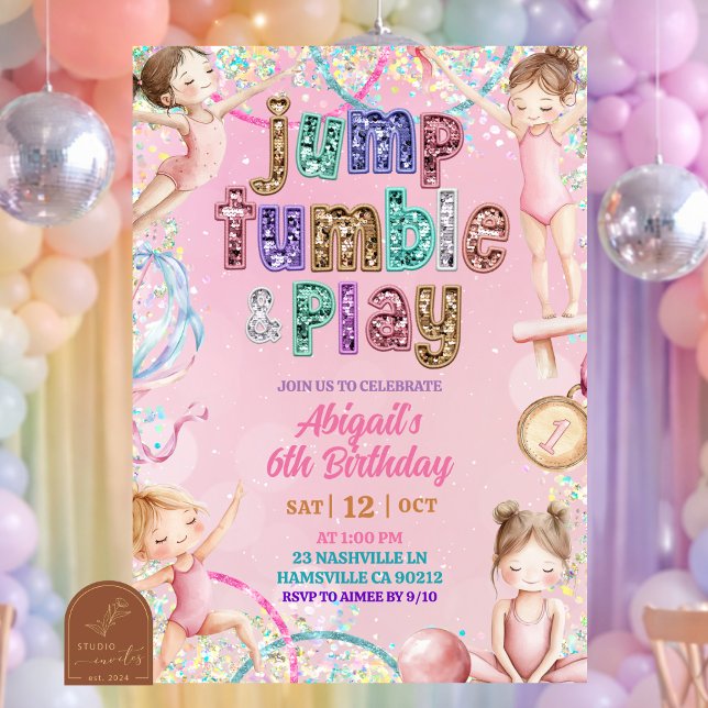 Invitation  Pink Sequin gymnastic girls birthday  (Créateur téléchargé)