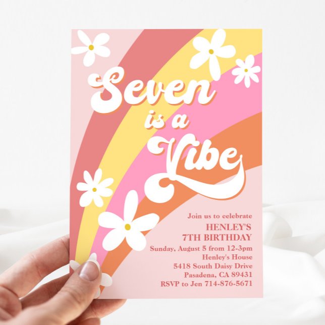 Invitation Pink Seven est une Vibe Retro Daisy Rainbow Annive (Créateur téléchargé)