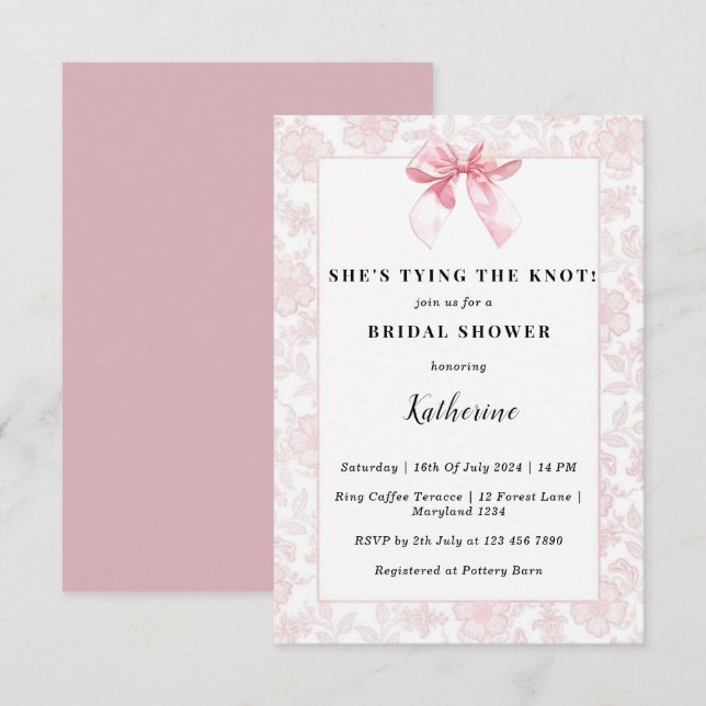 Invitation Pink She's Tying the Knot Bow Fête des mariées (Devant / Derrière)