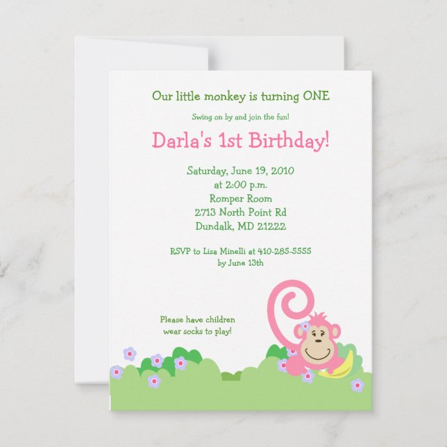 Invitation Pink Silly Monkey Jungle 4x5 Fille Anniversaire (Devant)