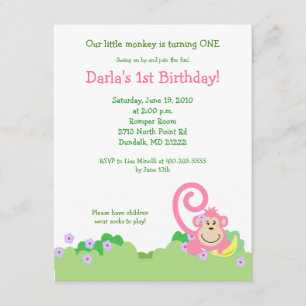 Invitation Pink Silly Monkey Jungle 4x5 Fille Anniversaire
