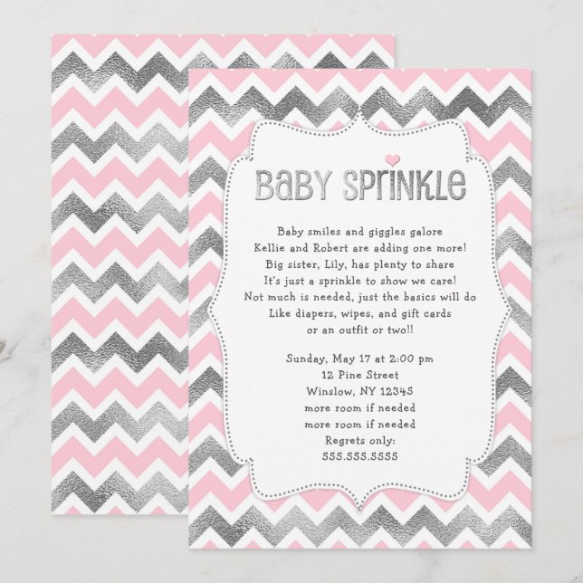 Invitation Pink Silver Baby Sprinkle fille baby shower invita (Devant / Derrière)