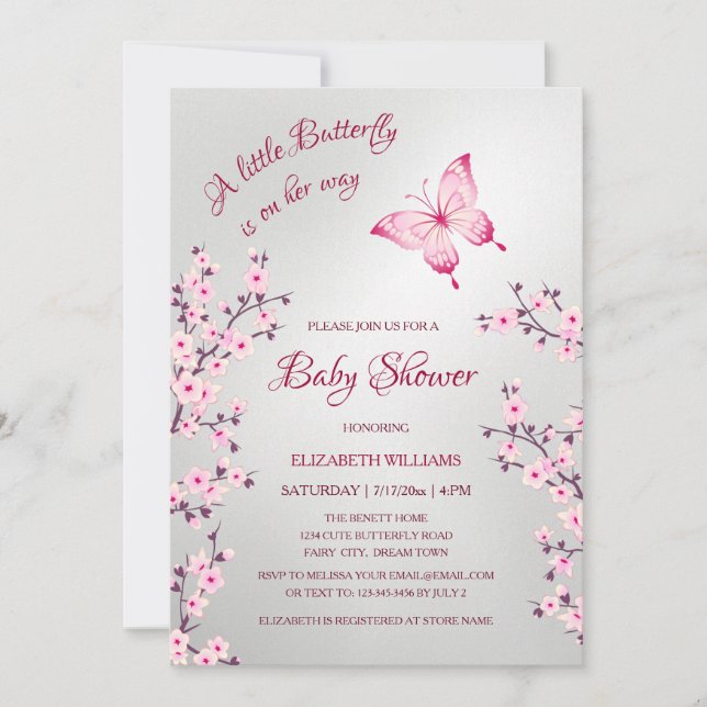 Invitation Pink Silver Butterfly | Girl Baby Shower  (Devant)