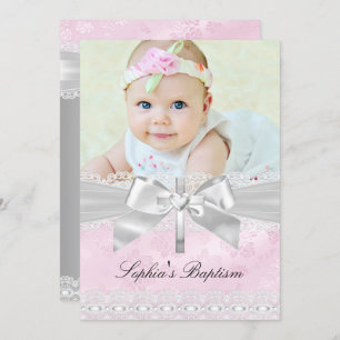 Invitation Pink Silver Cross Dentelle Bow Photo Baptême