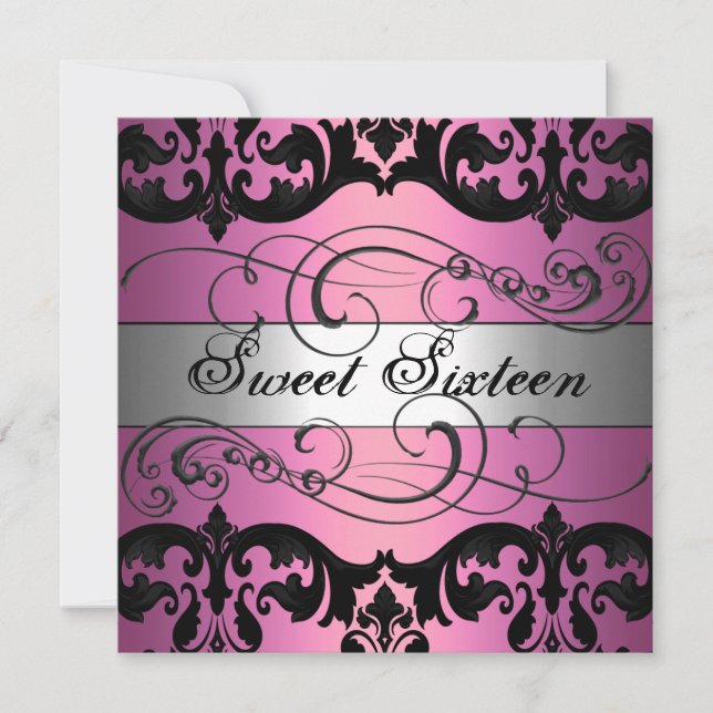 Invitation Pink & Silver Damask Sweet 16 Anniversaire Invitat (Devant)
