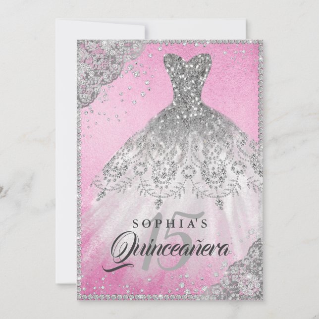Invitation Pink Silver Dentelle Diamond Étincelle Gown Quince (Devant)