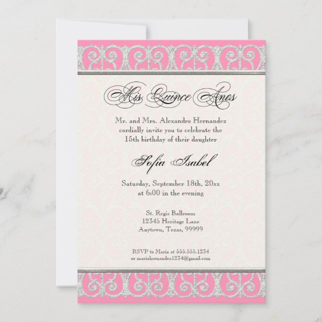 Invitation Pink & Silver, Diamonds & Lace, Mis Quince Anos (Devant)
