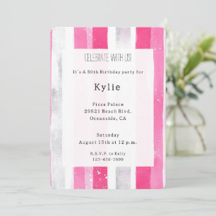 Invitation Pink Silver Glam Stripes Anniversaire