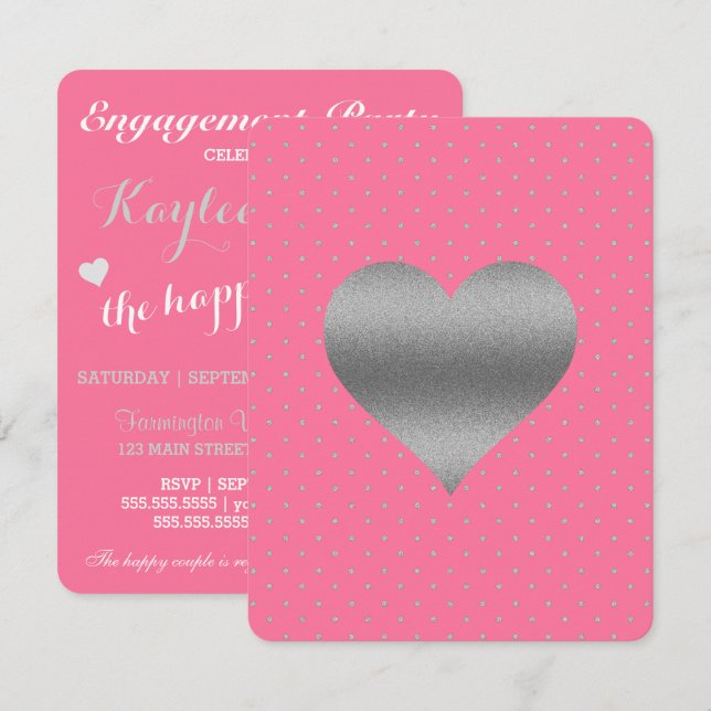 Invitation Pink & Silver Heart Polka Fête des mariées Party (Devant / Derrière)