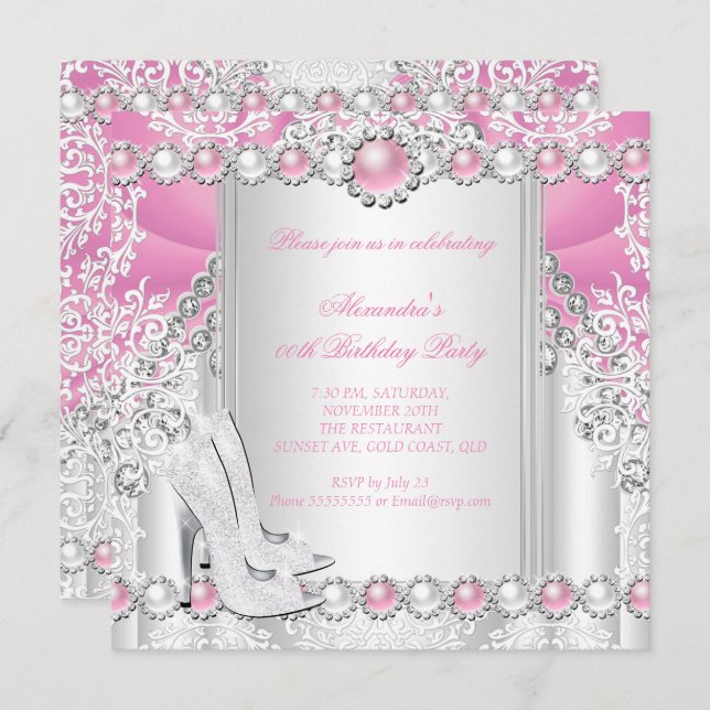 Invitation Pink Silver High Heels Pearthday Party 2 (Devant / Derrière)