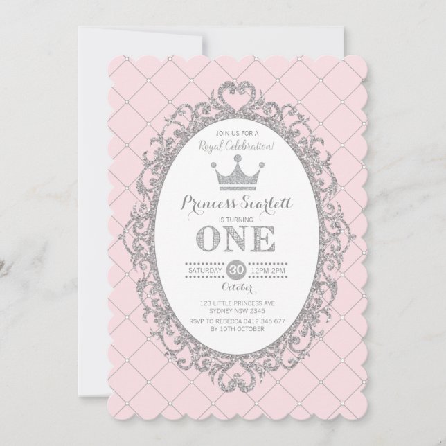 Invitation Pink Silver Princess 1er anniversaire de fête Cour (Devant)