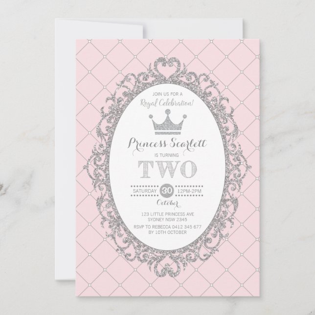 Invitation Pink Silver Princess 2e fête d'anniversaire Couron (Devant)