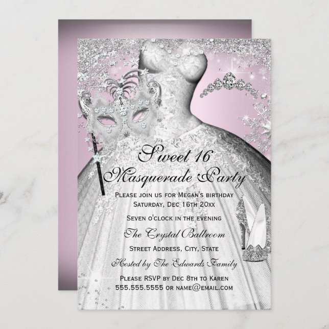 Invitation Pink Silver Princess Masquerade Sweet 16 Invitatio (Devant / Derrière)