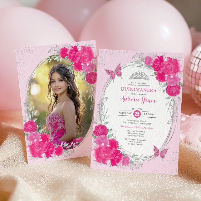 Invitation Pink Silver Quinceañera Flower 15th Birthday Photo (Créateur téléchargé)