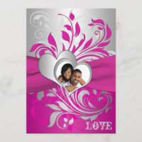 Pink, Silver Scrolls, Hearts Photo Wedding Invitat