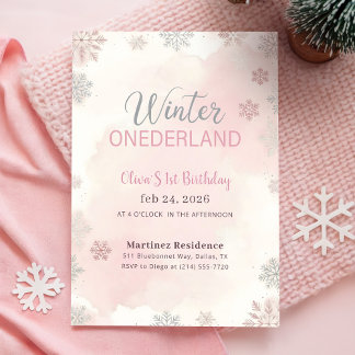 Invitation Pink Silver Snowflake Winter Girl First Birthday