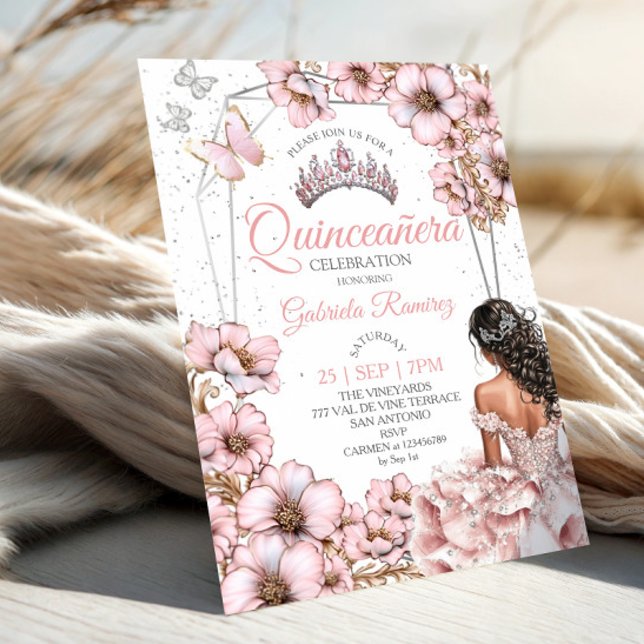 Invitation Pink Silver Tiara Floral Butterfly Quinceañera (Créateur téléchargé)