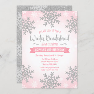 Invitation Pink Silver Winter ONE derland 1er anniversaire In