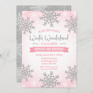 Invitation Pink Silver Winter Wonderland Girl Anniversaire