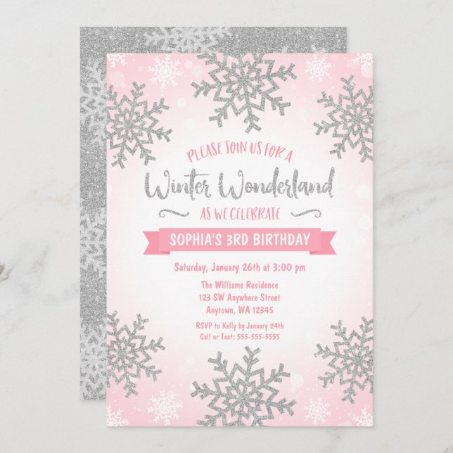 Invitation Pink Silver Winter Wonderland Girl Anniversaire (Devant / Derrière)