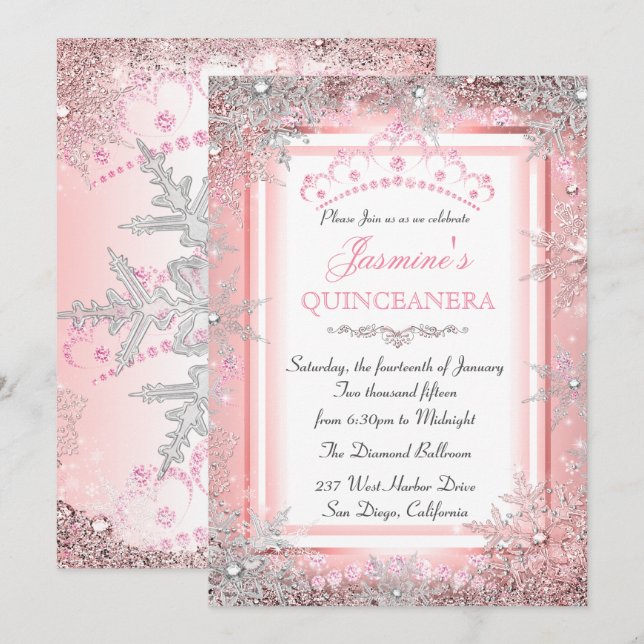 Invitation Pink Silver Winter Wonderland Quinceanera Party (Devant / Derrière)