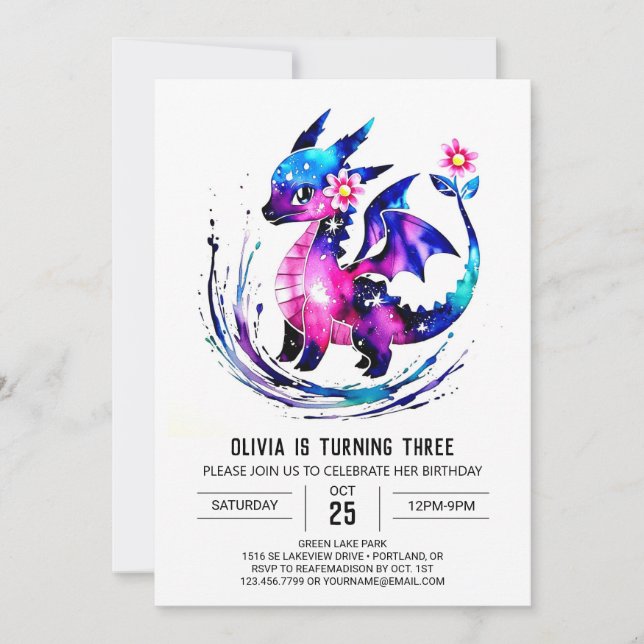 Invitation Pink Simple Dragon Digital Girl Anniversaire (Devant)