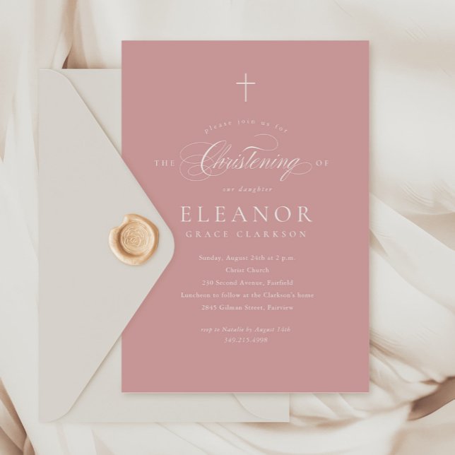 Invitation Pink Simple Elegant Cross Calligraphy Christening (Créateur téléchargé)