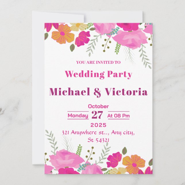Invitation Pink Simple Floral aquarelle fête de mariage (Devant)
