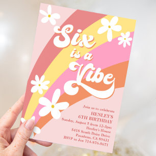 Invitation Pink Six est Vibe Retro Daisies Rainbow Anniversai