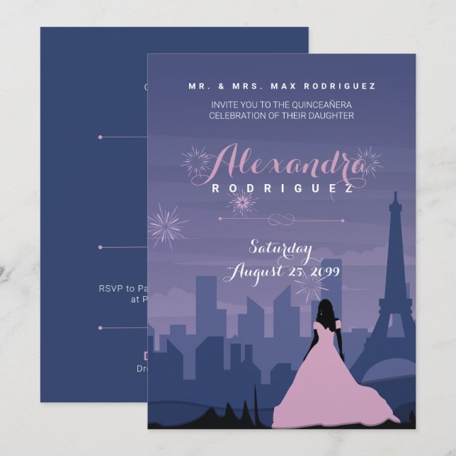 Invitation Pink & Slate Blue Paris Fireworks Quinceañera (Devant / Derrière)