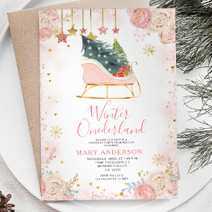 Invitation Pink Sleigh Winter Snowy Onederland 1er anniversai