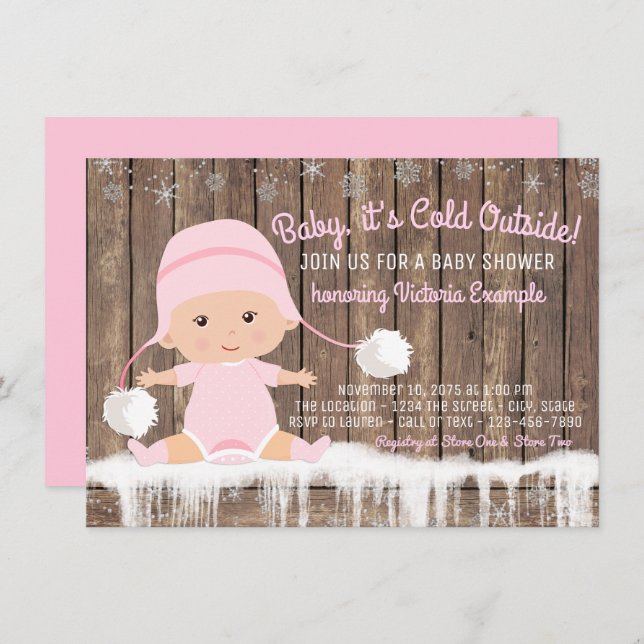 Invitation Pink Snowflake Baby son Baby shower extérieur froi (Devant / Derrière)