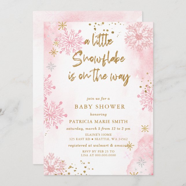 Invitation Pink Snowflake est sur le chemin Baby shower d'hiv (Devant / Derrière)