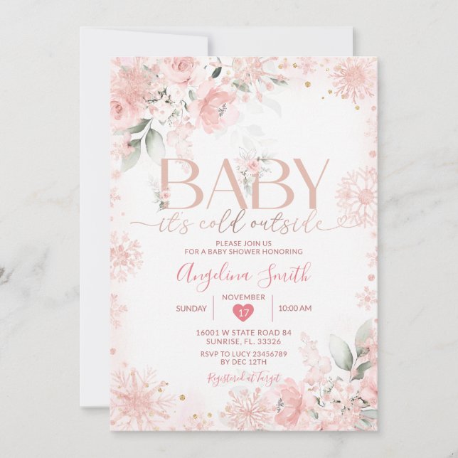Invitation Pink Snowflake Floral Its Cold Outside Baby Shower (Devant)