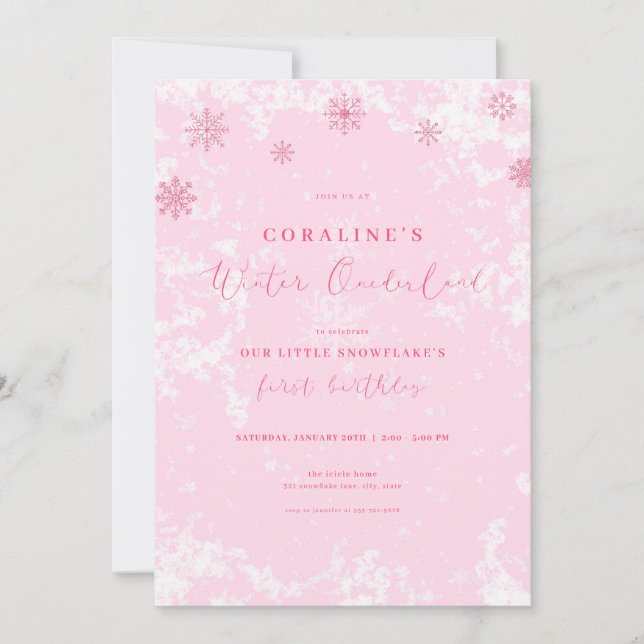 Invitation Pink Snowflake Hiver Onederland Anniversaire Invit (Devant)