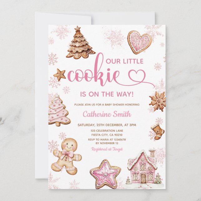 Invitation Pink Snowflakes Gingerbread Christmas Baby Shower (Devant)