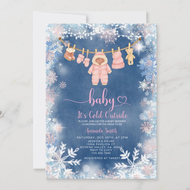Invitation Pink Snowflakes Son Baby shower Froid À L'Extérieu (Devant)