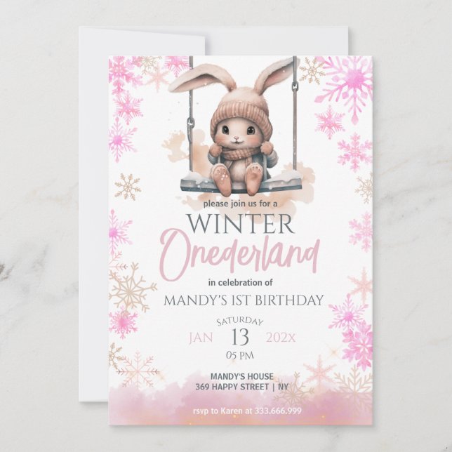 Invitation Pink Snowflakes Winter Onederland 1er anniversaire (Devant)