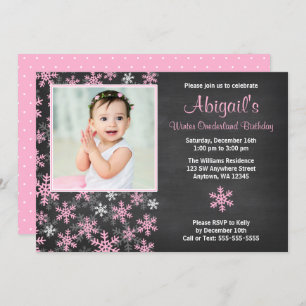Invitation Pink Snowflakes Winter Onederland Chalkboard Photo