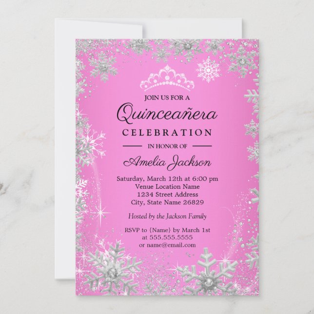 Invitation Pink Snowflakes Winter Wonderland Quinceanera (Devant)