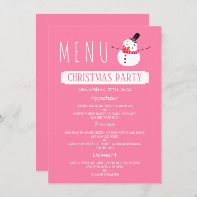 Invitation Pink Snowman, Menu de fête de Noël (Devant / Derrière)