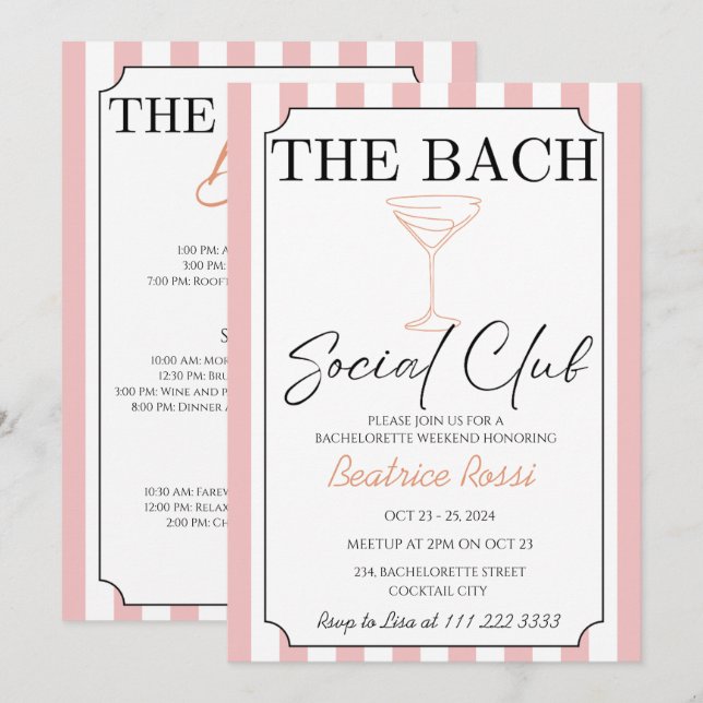 Invitation Pink Social Country Club Bachelorette Week-end (Devant / Derrière)