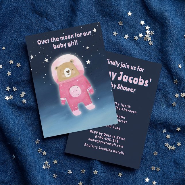 Invitation Pink Space Bear Baby shower c'est une fille astron (Pink Space Bear Baby Shower it's a girl astronaut Invitation.)
