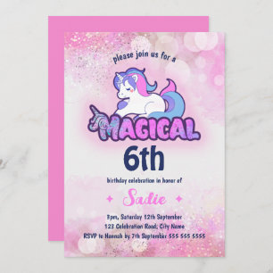 Invitation Pink Sparkle Unicorn Magie N'importe quel âge 6e a