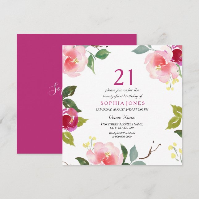 Invitation Pink Spring Floral 21e Anniversaire Fête Invitatio (Devant / Derrière)