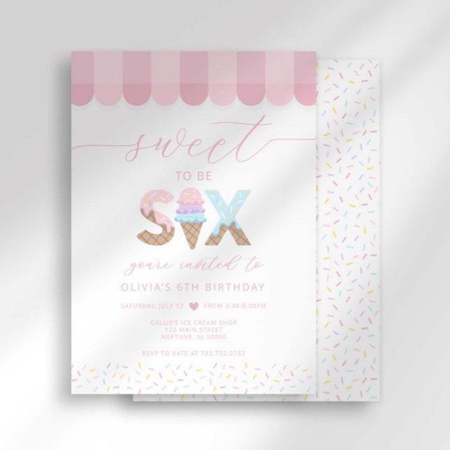 Invitation Pink Sprinkles Sweet to be 6 Ice Cream Birthday (Créateur téléchargé)