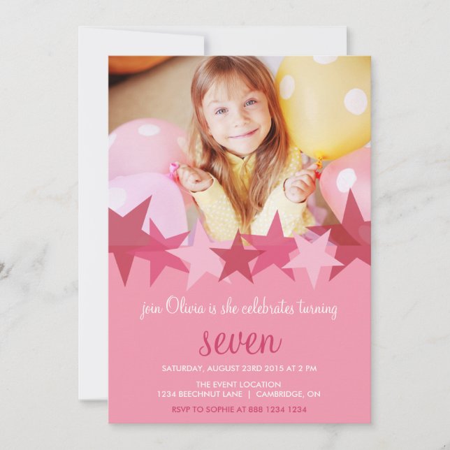 Invitation Pink Stars Enfants Photo Anniversaire Fête Invitat (Devant)