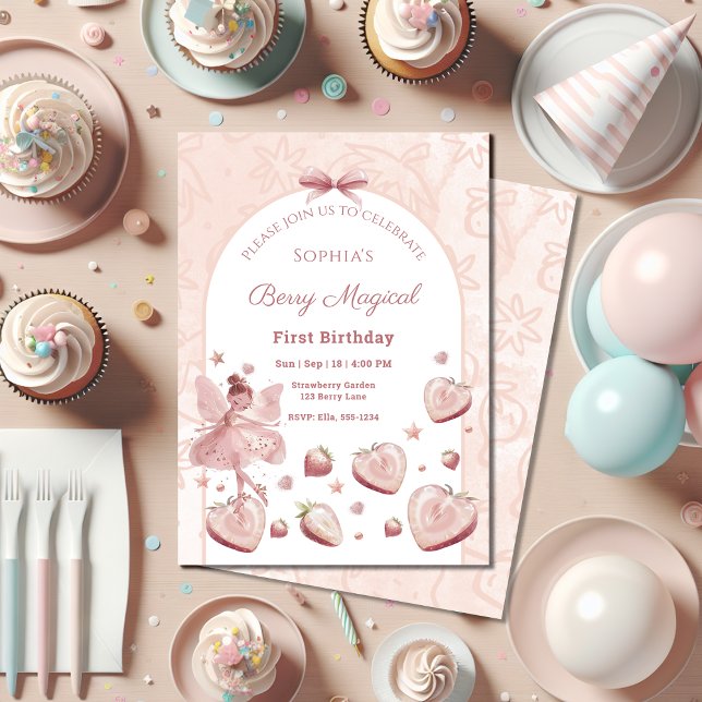 Invitation Pink Strawberry Hearts Fairy Girl Birthday Invitat (Créateur téléchargé)