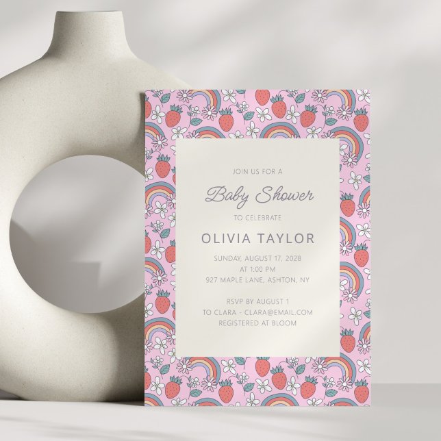 Invitation Pink Strawberry Rainbow Retro Baby Shower (Créateur téléchargé)